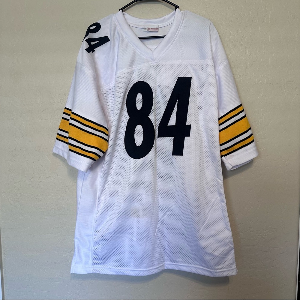 Antonio Brown #84 White Football Jersey with Black and Yellow Stripes.